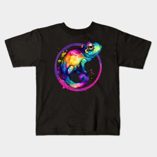 Colorful Chameleon Watercolor Splash Art Print - Pink Kids T-Shirt